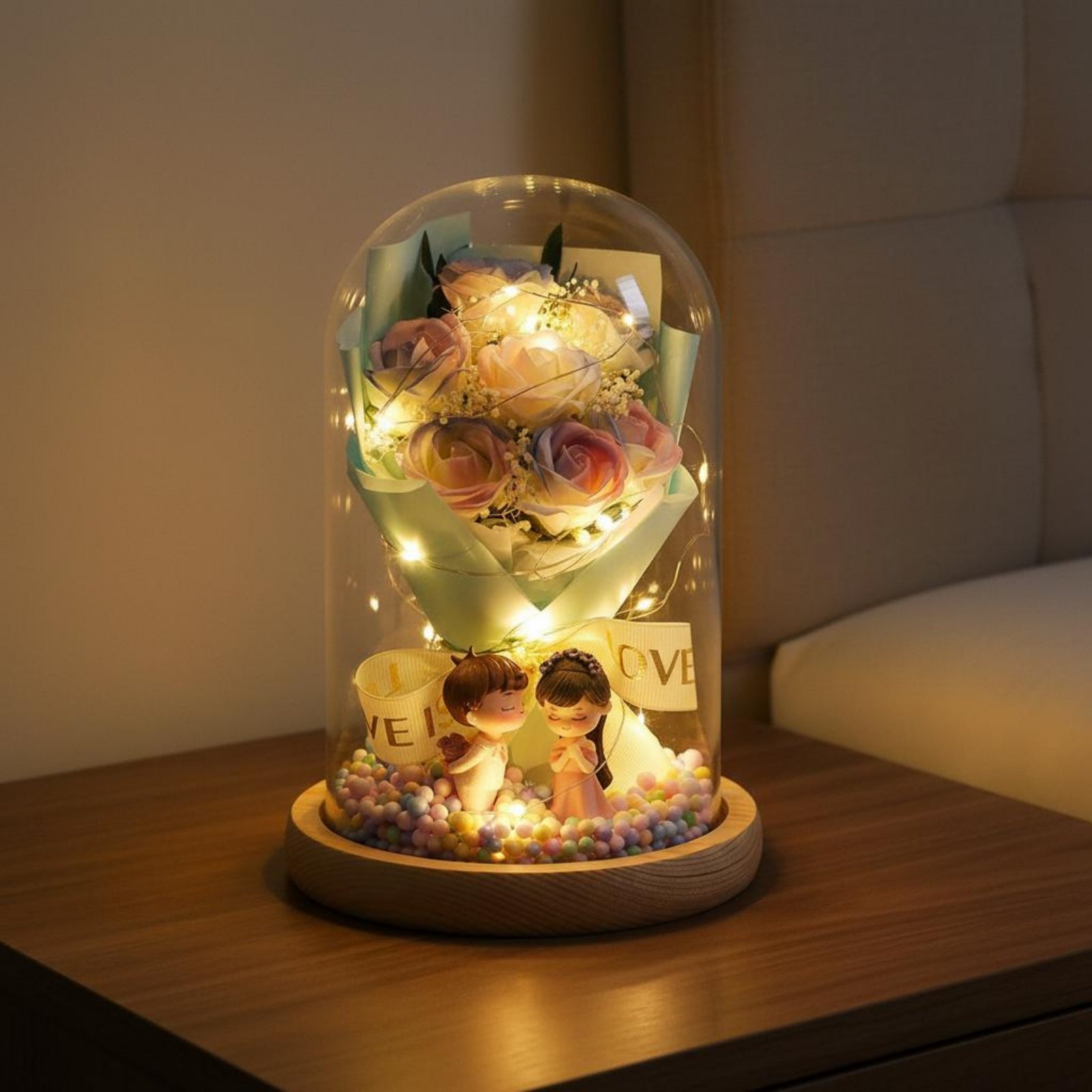 Flower Preservation Resin - Dôme lumineux en bois avec base,